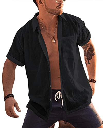 Runcati Chemise à manches courtes pour homme en coton et lin - Col rabattu - Chemise d'été pour les loisirs
