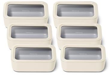 Caraway 6pc Glass Food Storage Set – 6.6 Cup Food Containers (6) - Ceramic Coated - Non Toxic, Non Stick with Lids - Microwave Safe - Cream