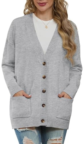 GRECERELLE Cardigan d'hiver en tricot à manches longues avec col en V boutonné et poche pour femme