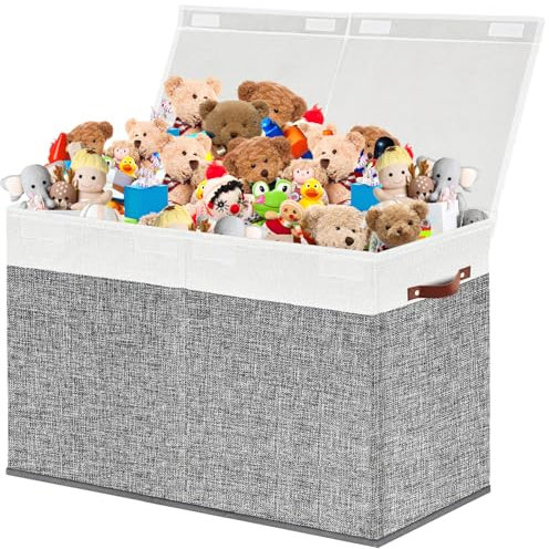 VERONLY Toy Box Storage with Lids Collapsible Toy Chest Bin Container Organizer for boy girls with Leather Handles for Nursery,Playroom,Bedroom,(Grey&White