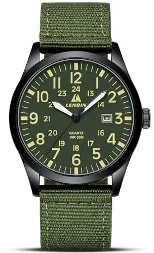 LN LENQIN Reloj Hombre Relojes Militar Campo Relojes Analógicos Cuarzo para Hombres Pulsera Impermeables con Fecha Correa Nailon Reloj Deportivo Táctico Militar (Negro Verde Verde667)