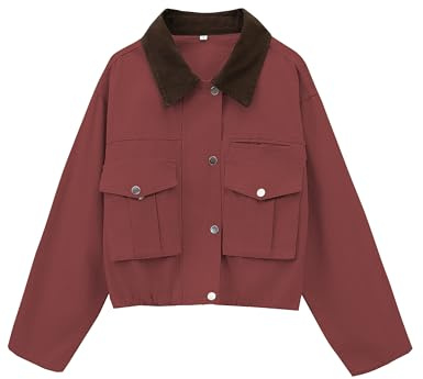 Megfie Womens Cropped Jacket Contrast Collar Utility Coat Cargo Jacket Barn Jacket Outwear with Pockets(0836-Red-M)