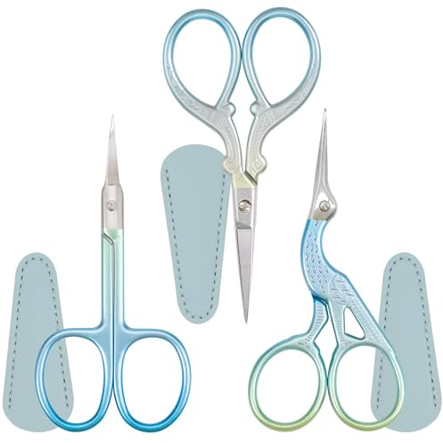 3PCS Embroidery Scissors Stainless Steel Small Craft Scissors for Sewing Needlework, Threading Cutting, Handicrafts Trimming with Leather Protective Case