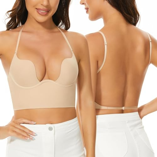 Low Back Bras for Women-Seamless Backless Bra Deep U Plunge Invisible Low Cut Bras Multiway Convertible Straps Halter Bra(Nude, 34B)