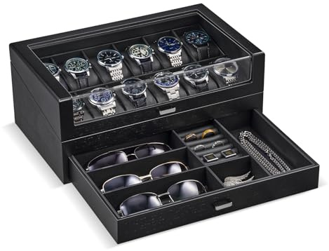 ProCase Estuche para Relojes de Madera, Organizador para 12 Relojes con Cajón Multifunción para Gafas y Anillos, Forro Suave Protector, Caja Elegante para Hombre -12 Slot, Negro