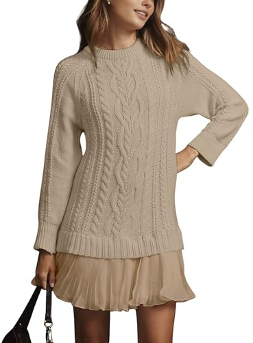 MINSURE Women Cable Knit Sweater Dress Crewneck Long Sleeve Pleated Mini Dress Twofer Style Patchwork Dress(LightKhaki-S)