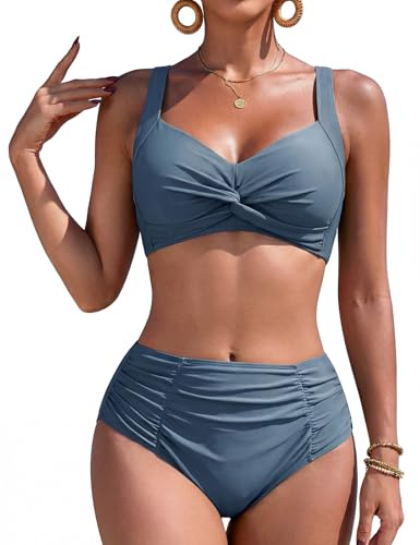Vijamiy Costume Donna Due Pezzi Vita Alta Curvy Tonificare l'addome Bikini Push Up Sexy Scollo a V Costumi da Bagno Piscina sulla Spiaggia(Azzurro,XXL)