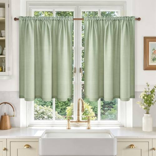 MRTREES Fönstergardiner moderna gröna linneutseende halvtransparent kök vardagsrum bistrogardin set om 2, köksgardiner kort lantlig stil för köksfönster små fönster, H 60 x B 120 cm