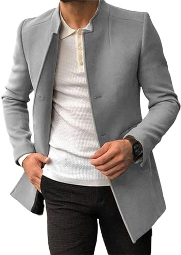 Herr blazer krage business ärtrock smal passform enkelknäppt vardaglig ytterrock mandarin krage lätt trenchcoat, Grå, L
