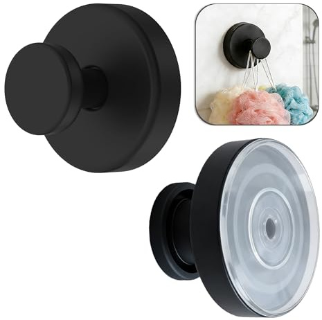 Suction Cup Hooks Shower Towel - Gold Silver Black Sucker Cups Hook Bathroom Bath Towels Hanger - No Drill Holder for Hanging Tile Wall Front Hangers (Black, 2PK)