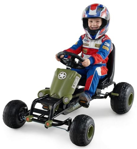 HONEY JOY Pedal Go Kart, 4 Wheeler Toddler Ride On Pedal Car Toy, Forward/Backward, Ergonomic Seat, Handbrake, Steering Wheel, Outdoor Off-Road Racing Go Cart for Kids Boys Girls Gift (Army Green)