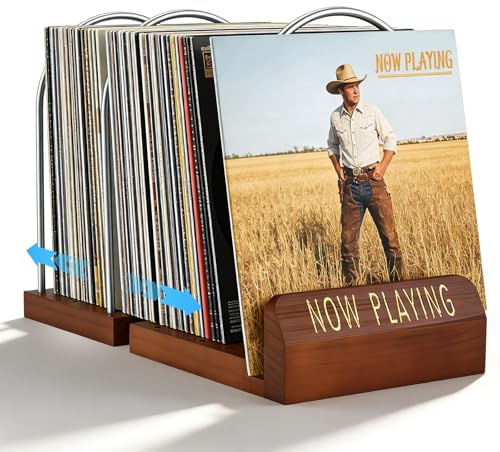 Strixorn Supporto per dischi in vinile estensibile per 30-70 LP, supporto in legno e metallo per vinili, elegante archiviazione per casa, sala musica e collezionisti