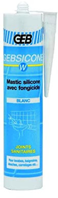 G.E.B. PLO02003, 310 ML, Gebsicone W, Mastic Silicone avec fongicide, pour l'étanchéité des appareils sanitaires, Ne coule Pas, Blanc, Pâte thixotrope, Durcissement par réticulation acétique