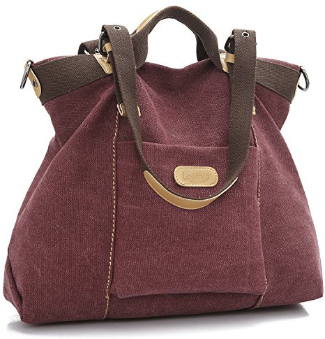 LOSMILE Bolsos de mano para mujer, Bolso de Bandolera Totes Shopper Viajar Hobo de Lona. (vino tinto)