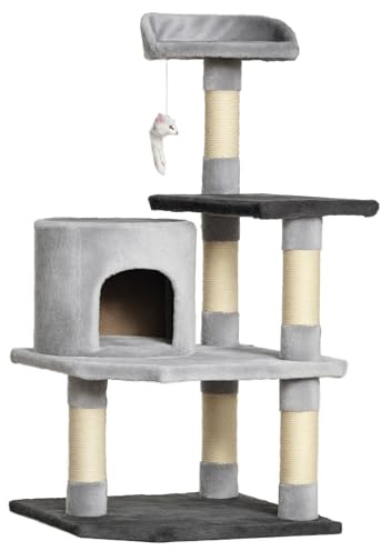 PawHut Árbol para Gatos Rascador Grande con Plataformas Casetas Ratón de Juego 100cm Tablero de partículas Cubierto de Felpa Beige
