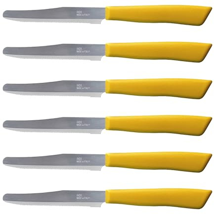 Tredoni 6 Coltelli da Cucina - 11cm Acciaio Inossidabile Italiano Coltello Posate da Verdure/Bistecca/Tavola Seghettato, Punta Arrotondata (Giallo)
