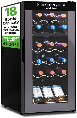 NutriChef PKCWCDS188 Freestanding Wine Fridge, 18 Bottle Dual Zone Beverage Cooler for Home & Office, 32x13x19 inches, Adjustable Temp 41-64F, Black