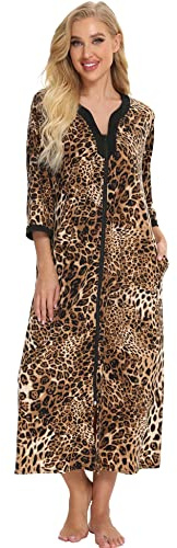 Bloggerlove House Dresses for Elderly Mumu Dresses Women Leopard House Dress V Neck Nightgown Robe Half Sleeve Loungewear Full Length Sleepwear Zipper Duster Housecoat