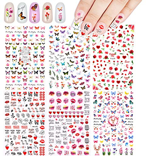 540+(6 Fogli) Fiori Farfalla Adesivi per unghie Decalcomanie, VETPW 3D Autoadesivi Nail Art Stickers Adesivi Decals con Modella Butterfly Rose Love Heart Lips Kiss per Le Unghie Fai-da-te Decalcomanie