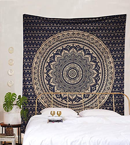 raajsee Indian Mandala Tapestry, Blue Gold, Boho Wall Decoration, Aesthetic Room Décor, Mandala Wall Tapestry, Wall Hanging, Psychedelic, Queen (82x92 Inches / 208x232 Cms)