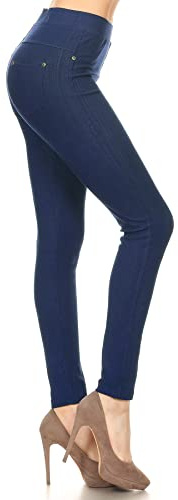 Leggings Depot Jeggings elásticos de Mezcla de algodón para Mujer Bolsillos, Azul Denim, Medium