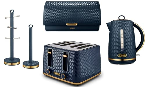 Tower Empire Jug Kettle, 4 Slice Toaster, Bread Bin, Mug Tree & Towel Pole in Midnight Blue with Brass Accents. Matching Art Deco Design Kitchen Set of 5