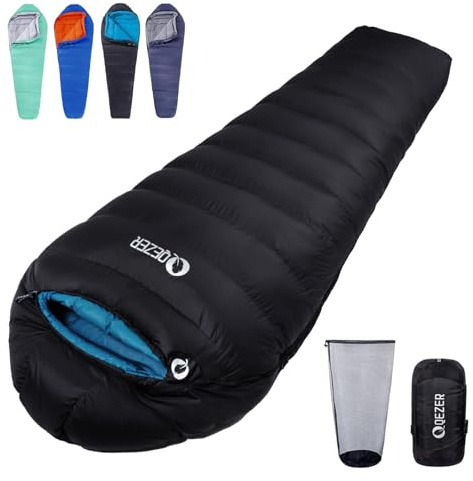 QEZER Sacco a Pelo in Piuma Invernale -8℃ da Esterno, 2.32 kg Leggero e Caldo, 4 Stagioni con Piumino di Alta Qualità 600+ FP per Campeggio(Nero -8°C)
