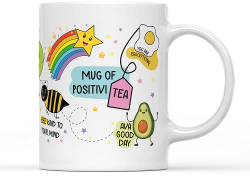 SMARTYPANTS Positivi-Tea-Tasse, Tee-/Kaffeetasse – Regenbogenfarben, niedliches Cartoon-Avacado-Wortspiel, Spaß, tägliche Affirmation, positive Vibes, guter Tag, Bienenfreund, Küchendekoration,