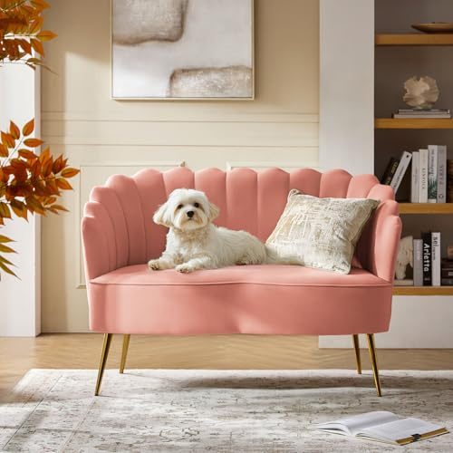 FABRICATION HAUS Cream Loveseat Couch Velvet 2 Seater Sofa with Flower Shaped Backrest and Gold Metal Legs for Living Room Bedroom & Lounge, PINK