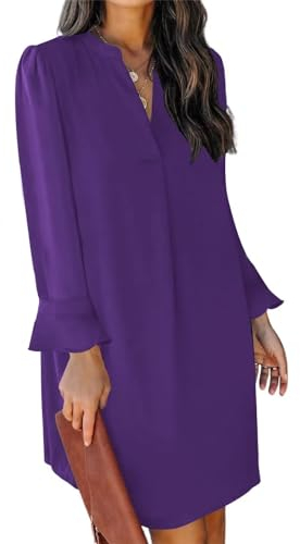 JOCAFIYE Damen Casual Kleid Langarm V-Ausschnitt Kleid Rüschen Puff Ärmel Kleid Frühling und Herbst Lila M
