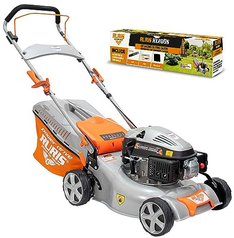 RURIS Tondeuse à Gazon RX200S, Thermique 2,7 CV, 42 cm, Sac 45L, 3 en 1: Collecte, Éjection Arrière, Mulching, Châssis Acier, Hauteur Réglable 25-75 mm, Kit Inclus: Lame, Bougie, Filtre à Air