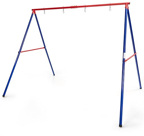 GYMAX Double Swing set, Metal Swing Frame with Ground Stakes, Indoor Outdoor Kids Swings set for Garden Playground, 300kg Weight Capacity