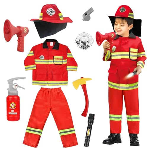 LGZIN Costume de Pompier pour Enfants, Pompier Deguisement Enfant, Costume de Pompier Jeu de Rôle, Jouet Pompier Accessoires Jeu pour Carnaval Halloween Garçons Filles 3 4 5 6 7 8 Ans