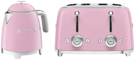 Smeg 50’s Style Retro Range Breakfast Set, 0.8L 1400W Mini Kettle and Multi-Functional Control 4-Slice 2000W Toaster, Pastel Pink, KLF05PKUK/ TSF03PKUK