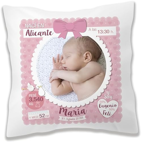 Cojín personalizado NATALICIO ROSA CON FOTO. Regalos para recién nacido - Regalos para bebés - Regalos personalizados. INCLUYE RELLENO - TARTAS DE PAÑALES Y MÁS