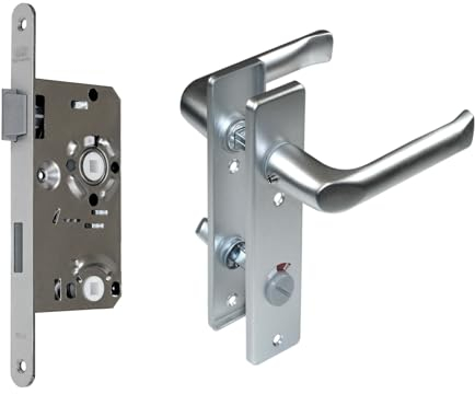 BKS Zimmertür/Wohnungstür/Badezimmer Komplett Set, inclusive Aluminium Schild Beschlag (WC Badezimmer rot/weiß, DIN LINKS, Kurzschild 165mm x 40mm)