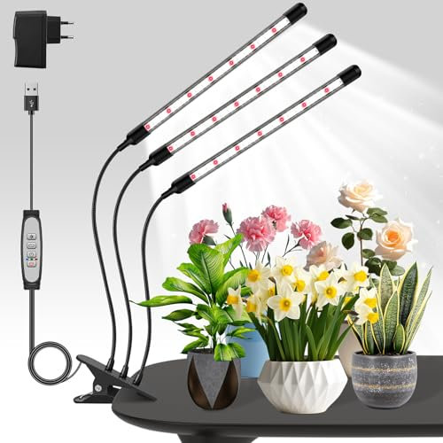 Niello 3 têtes Lampe pour Plantes, Spectre Complet Lampe de Plante en Croissance, Auto on/off 6/12/18H, 3 modes de couleur et 5 niveaux de luminosité réglables
