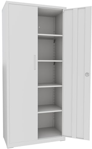 Armadio Armadietto In Metallo Multiuso A Doppia Anta Con 5 Ripiani Regolabili E Chiusura Con Doppia Chiave Mobiletto Per Documenti Strumenti Ufficio Garage Studio 180 x 80 x 40 Cm Grigio Chiaro