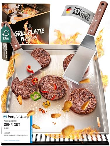 Plancha Plaque de cuisson [40 x 40 cm] avec 2 spatules de barbecue avec manche en bois d'acacia FSC | Accessoires de barbecue | Acier inoxydable sans distorsion | Plancha barbecue à gaz | Coins fermés