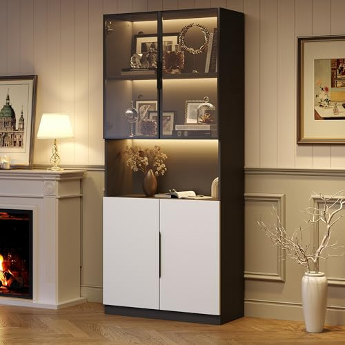 Vitrina minimalista moderna con puertas de cristal, vitrina con luces LED, estantería para coleccionables, temperatura de color ajustable y brillo, puertas blancas con decoración negra, 80 x 30 x 200