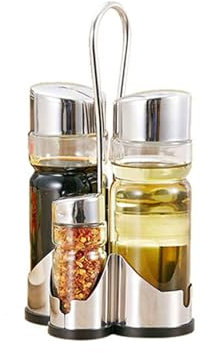 Sonew Ensemble de Distributeur D'huile et de Vinaigre, Kit de Boucles de Poivre de Sel de Bouteille de Saveur 4-en-1 avec Support en Acier Inoxydable pour la Cuisine
