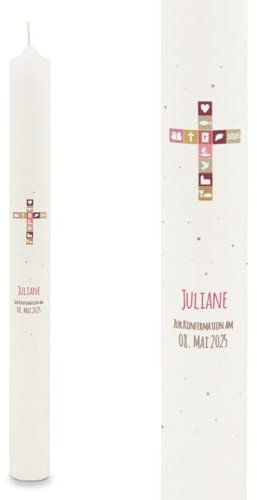 GRAVURZEILE Bougie à tige imprimée - Symboles en croix - Personnalisable avec nom et date - Cadeau de baptême, communion ou confirmation - Pour garçons et filles - Bougie d'autel 400/40 mm - Couleur