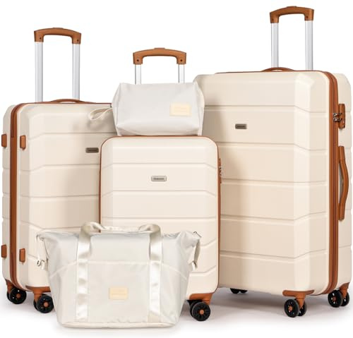 H.yeed Luggage Sets of 5 Piece, Lightweight Trolley Travel Suitcase Set ABS Hard Shell with 4 Spinner Wheels TSA Lock for Man Women, 21 + 24 + 28+ Duffels Bag & Toiletry Bag (White, 5 Piece Set)
