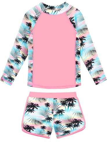 ZNYUNE Maillot de Bain Fille Anti UV UPF 50+ séchage Rapide Manches Longues Rashguard avec Short S508 GreenPink 6A