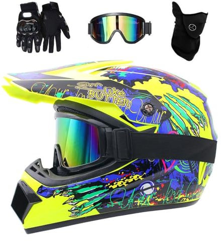Jugend Kinder MTB Motocross Helm Satz, mit Handschuhe Brille Maske, Unisex Integral ATV Offroad Straße Motorrad Helme, Bergab Enduro Quad Dirtbike Absturz Helm(Yellow,S/52-53CM)