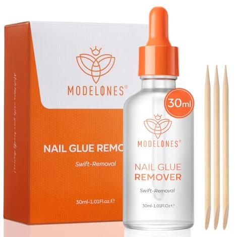 Modelones Removedor de pegamento de uñas 30 ml para puntas de uñas, suave y rápido para presionar las uñas, esmalte de uñas, uñas postizas, puntas de uñas acrílicas con palos de madera