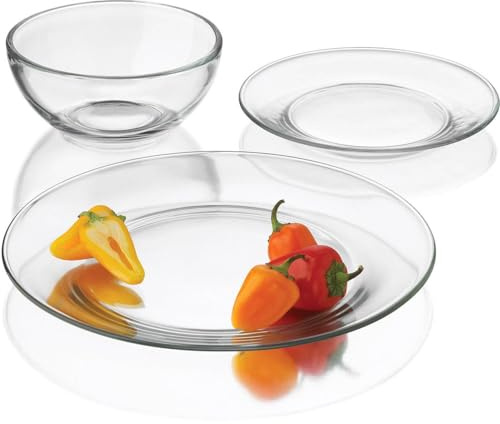 Libbey Round 12 Piece Glass Dinnerware Set, Stackable Glass Plate and Bowl Set w/Round Shape, Modern Plates and Bowls Sets for Gatherings, and Everyday Use