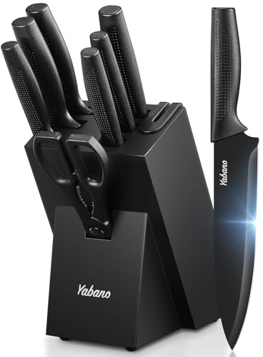 Yabano Messerblock Set, 8-teilig Küchenmesserset mit eingebautem Messerschärfer, Scharfe Edelstahl Küchenmesser mit Block, Rostfrei & Spülmaschinengeeignet, Ergonomischer Griff