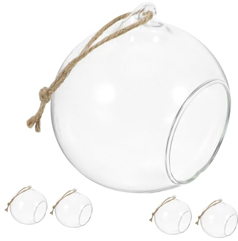 BEBEMOKO 5 Piezas Jarrones Colgantes de Cristal Transparentes para Plantas y Portavelas LED Esfera Decorativa con Doble Orificio y Base Plana para Bodas y Fiestas