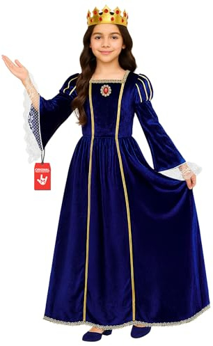 Morph Deguisement Princesse Medievale Fille, Costume Halloween Fille | Robe Bleu Roi Effet Velours & Couronne Dorée, Look Royal, À Enfiler, Parfait pour Halloween, Idéal pour les Jeux de Rôle
